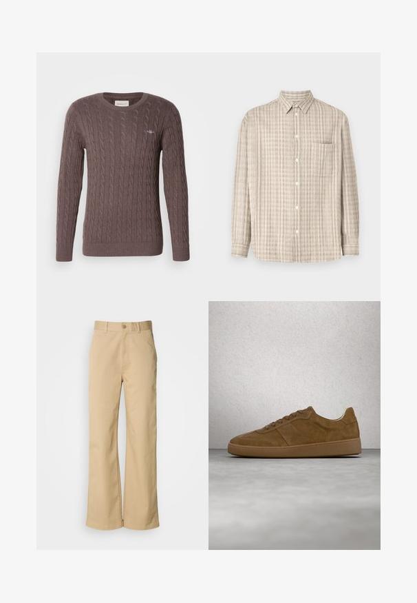 Pull en tricot brun avec un col rond, des manches longues et des poignets et un ourlet côtelés. Présente un petit logo brodé sur la poitrine.; Chemise à boutons en beige clair, avec un motif à carreaux, des manches longues, une poche poitrine et un col classique.; Pantalon large beige en mélange coton. Fermeture par bouton et passants de ceinture. Texture lisse, avec des détails de couture minimaux.; Baskets en daim marron avec des lacets couleur fauve et une semelle en caoutchouc. Présente un bout arrondi et des détails cousus sur la tige. Design léger.