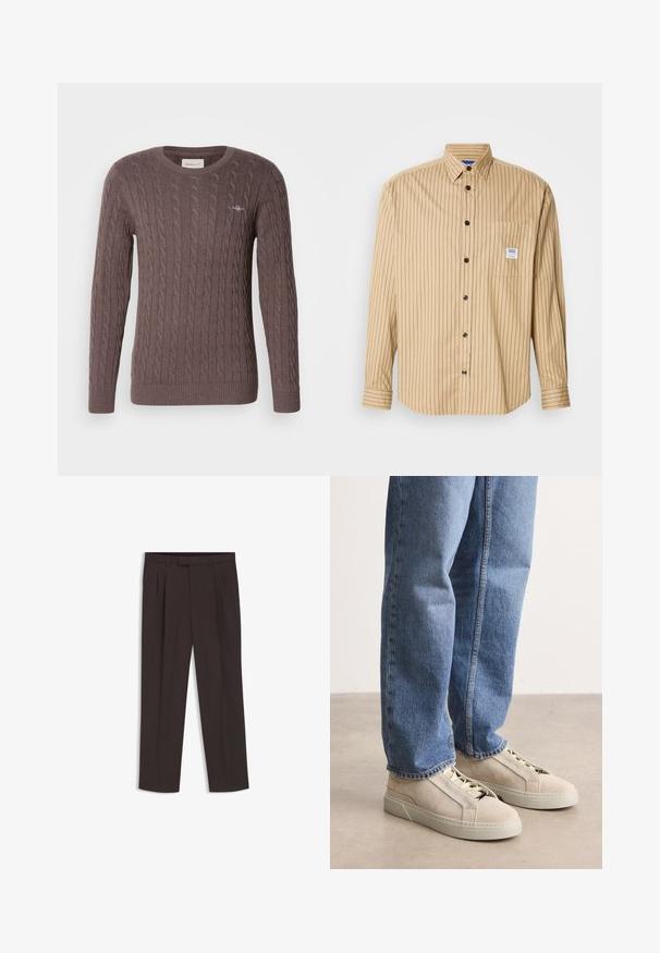 Brun kabelstrikket sweater med rund hals, lange ærmer og rib kant i ærmerne og kanten. Har et lille broderet logo på brystet.; Tan skjorte med knapper, lodrette sorte striber, spids krave, enkelt brystlomme og sorte knapper. Fremstillet af let stof.; Mørkebrune skræddersyede bukser med bæltestropper, forreste læg og lige ben, vist fladt på en hvid baggrund.; BOSS GARYTENN_SDHDEL - Sneakers - natural ten