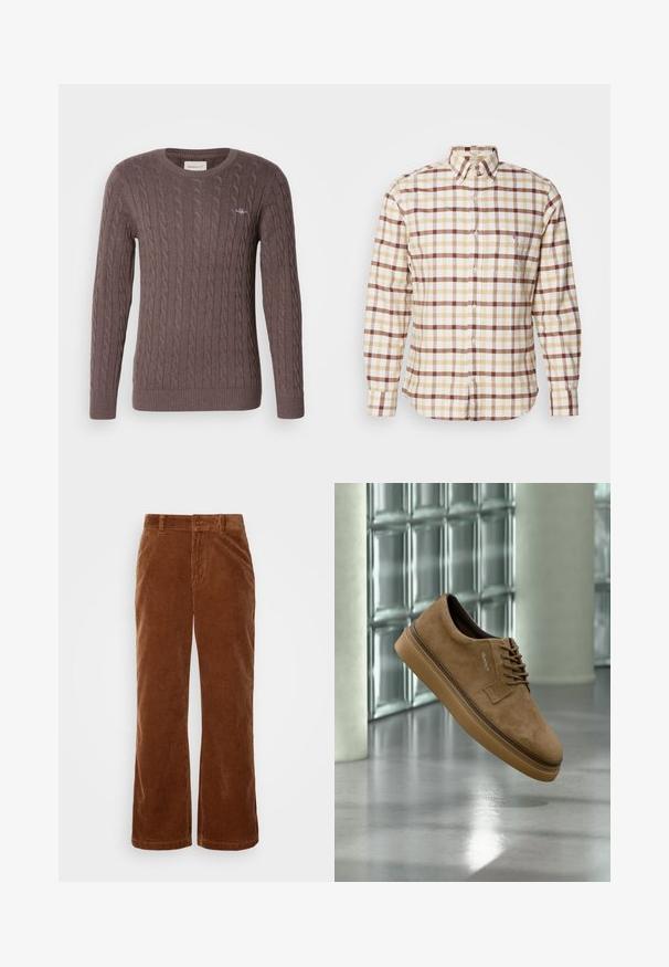 Brun kabelstrikket sweater med rund hals, lange ærmer og rib kant i ærmerne og kanten. Har et lille broderet logo på brystet.; Langærmet skjorte med knapper og et ternet mønster i beige, brun og cremefarver, med en klassisk krave og en brystlomme.; Brune fløjl bukser med et bredbenet design, der har vertikalt ribbet tekstur, en knaplukning og standard bælteløkker.; Brun ruskind fritidssko med snørebånd og gummisål, vist svævende over poleret betongulv nær glasblokvæg og søjle.
