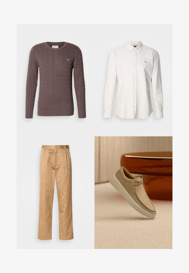 Suéter marrón de punto trenzado con cuello redondo, mangas largas y puños y dobladillo acanalados. Presenta un pequeño logo bordado en el pecho.; Camisa de manga larga a rayas en beige claro y blanco. Cuenta con cuello abotonado, botones delanteros y un pequeño logotipo en el pecho.; Pantalones caqui, mezcla de algodón, diseño de pierna recta, con pliegues delanteros, trabillas para cinturón y cierre de botón. Textura suave sin patrones.; Zapatilla deportiva de ante beige con suela blanca gruesa y cordones, situada sobre una alfombra beige texturizada con una mesa redonda marrón brillante al fondo.