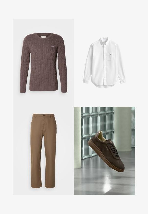 Brun kabelstrikket sweater med rund hals, lange ærmer og rib kant i ærmerne og kanten. Har et lille broderet logo på brystet.; Hvid langærmet skjorte med krave og brystlomme med et lille broderet logo.; Brune bomuldsbukser med lige pasform, knaplukning og sidelommer. Har en glat overflade og et enkelt, udekoreret design.; Brun GANT sneaker med snørebånd og tekstureret sål, vist svævende foran en moderne væg af glasblokke og poleret gulv.