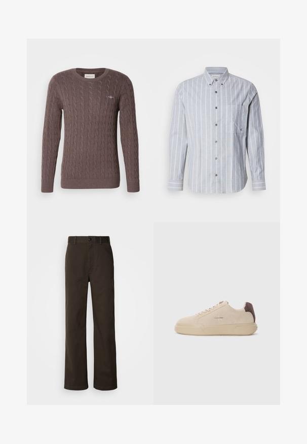 Suéter marrón de punto trenzado con cuello redondo, mangas largas y puños y dobladillo acanalados. Presenta un pequeño logo bordado en el pecho.; Camisa de manga larga a rayas azul claro con cuello abotonado, bolsillo frontal y tela texturizada. Presenta rayas verticales blancas en contraste.; Pantalones de algodón marrón con un diseño de pierna recta, que cuentan con un cierre de botón, lazos para cinturón y detalles de costura mínimos.; Zapatilla de ante beige con punta redondeada, cordones en la parte frontal y un acento de ante marrón en el talón. Cuenta con una suela de goma texturizada.