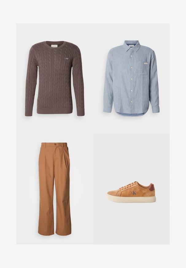 Suéter marrón de punto trenzado con cuello redondo, mangas largas y puños y dobladillo acanalados. Presenta un pequeño logo bordado en el pecho.; Camisa de botones rayada de color azul claro, tejido de algodón, mangas largas, cuello puntiagudo, un bolsillo en el pecho y detalle de etiqueta con logo.; Pantalones de pierna ancha en un tejido marrón cálido, con cierre frontal de botones, pliegues sutiles y corte recto para un ajuste relajado.; Zapatilla de ante color canela con suela de goma beige, con acentos marrones y un pequeño logo azul en el costado. Diseño clásico con cordones.