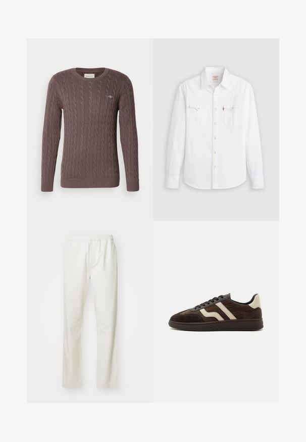 Suéter marrón de punto trenzado con cuello redondo, mangas largas y puños y dobladillo acanalados. Presenta un pequeño logo bordado en el pecho.; Camisa blanca de manga larga con botones, cuello puntiagudo, dos bolsillos en el pecho con solapas y botones a presión en el frente y los puños.; Pantalones de algodón blancos con cintura elástica y diseño de pierna recta, que presentan una textura suave y sin patrones ni acentos visibles.; Zapatilla de ante y pana marrón oscuro con franjas laterales beige, cordones delanteros y suela de goma texturizada, mostrada de lado sobre fondo blanco.