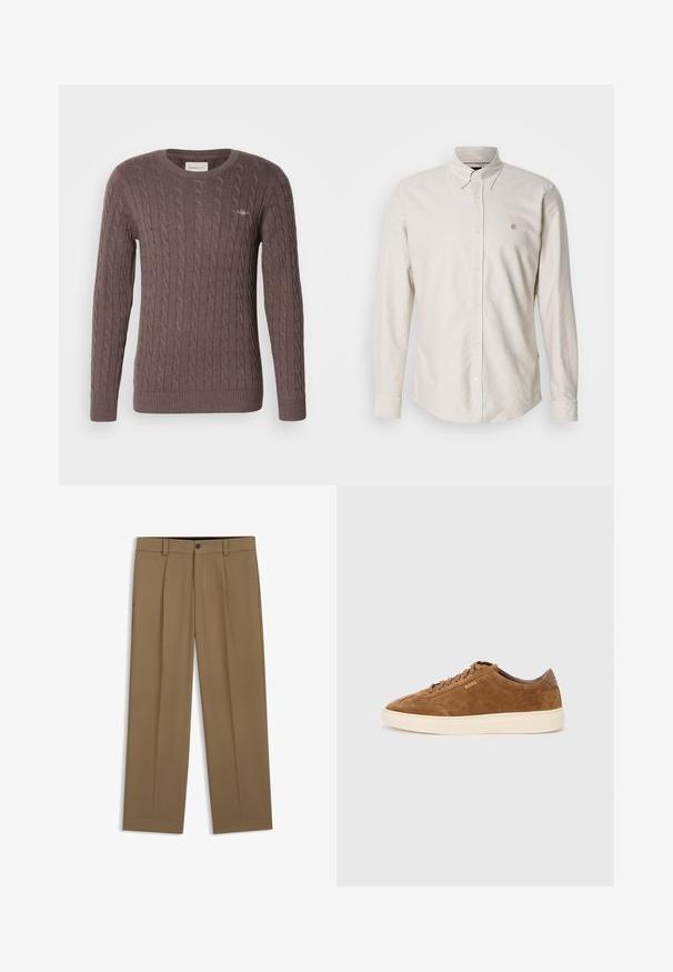 Pull en tricot brun avec un col rond, des manches longues et des poignets et un ourlet côtelés. Présente un petit logo brodé sur la poitrine.; Chemise beige clair à manches longues avec boutons et col pointu, ornée d'un petit logo brodé. Tissu doux avec une texture lisse et ourlet droit.; Pantalon droit marron avec passants de ceinture, bouton sur le devant et fermeture éclair, présenté à plat sur fond blanc.; Baskets en daim marron avec bout rond, semelle en caoutchouc crème et lacets ton sur ton. Présentent un logo en relief sur le côté et un panneau arrière lisse.