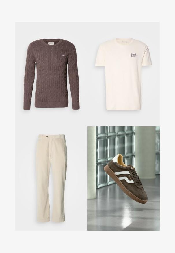 Brun kabelstrikket sweater med rund hals, lange ærmer og rib kant i ærmerne og kanten. Har et lille broderet logo på brystet.; Cremefarvet bomulds T-shirt med rund hals, korte ærmer og et lille marineblåt tryk på brystet med teksten "GANT 32 EAST 39TH ST. NEW YORK."; Beige kordfløjlsbukser med knap- og lynlåslukning, bæltestropper og lige ben på en hvid baggrund.; Brun ruskind sneaker med hvide sidelister og en gummisål, vist svævende indendørs på en poleret betongulv nær glassten.