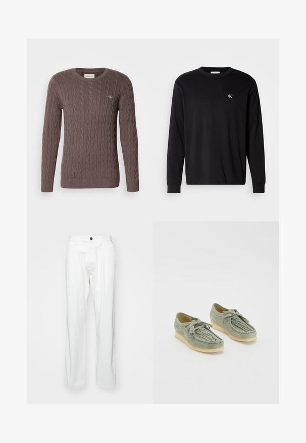 Brun kabelstrikket sweater med rund hals, lange ærmer og rib kant i ærmerne og kanten. Har et lille broderet logo på brystet.; Sort langærmet t-shirt med rund hals, prydet med lille hvid "cK" logo på venstre bryst, vist på hvid baggrund.; Hvide bomuldsbukser med en afslappet pasform, der har knaplukning, to frontfoldninger og sidelommer. Glat tekstur, ingen mønstre.; Grønne ruskindssko med vævet detaljer på overdelen, snørelukning og kvastdetaljer. Kræmfarget gummisål.