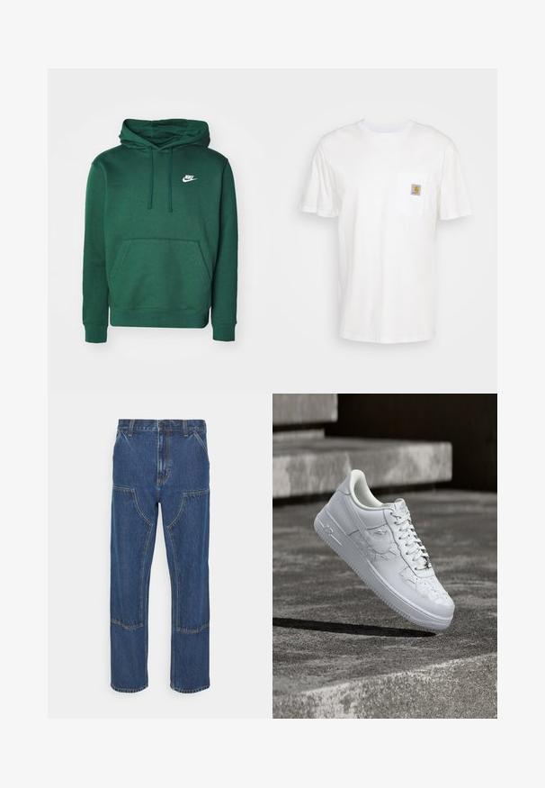 Grøn hættebluse lavet af en blanding af bomuld, med en kængurulomme og et lille hvidt Nike-logo på brystet. Blød tekstur.; Hvid bomulds T-shirt med korte ærmer, en brystlomme, og et lille firkantet logo patch i orange og hvid på lommen.; Blå denim jeans med lige ben, frontlappelommer og kontrasterende syninger. Stoffet har en klassisk tekstur og finish.; Hvid Nike Air Force 1 sneaker med prægede stjernemønstre og en metallisk stjerne snørebåndsvedhæng, der svæver over en betongulv.