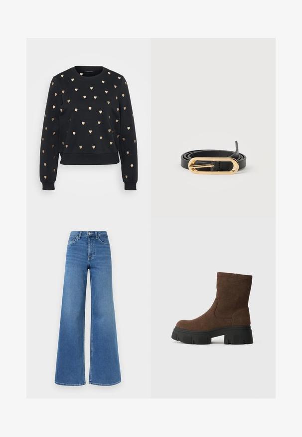 Sweatshirt noir au design court et à encolure ronde, ornée de motifs de cœurs dorés disposés uniformément sur le devant et les manches.; Jean en denim bleu taille haute avec jambes larges, fermeture avant à boutons et fermeture éclair, ainsi que poches avant et arrière.; Bottines en daim marron avec une finition texturée, bout arrondi et semelle en caoutchouc noir épaisse dotée d'un motif de bande de roulement.; Ceinture en cuir noir enroulée avec une boucle ovale allongée brillante en or sur un fond blanc.