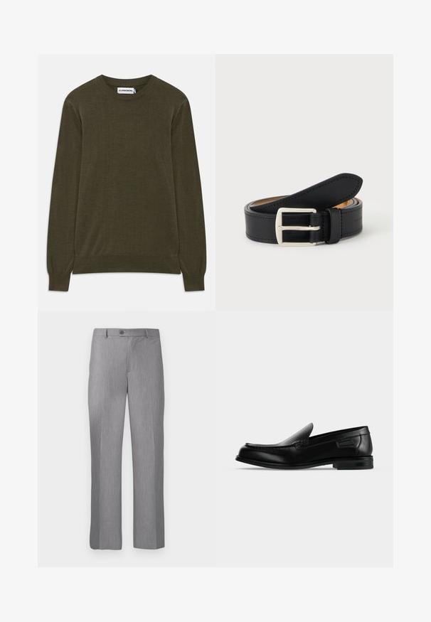Suéter de manga larga en verde oscuro, con puños y dobladillo acanalados. Fabricado en material suave, presenta un cuello de barco clásico y un diseño minimalista.; Pantalones de traje grises ajustados con pasadores para cinturón, botón frontal y cremallera, con un corte de pierna recta.; Mocasín negro de cuero tipo slip-on con tacón bajo, punta redondeada y costura decorativa a lo largo del borde superior.; Cinturón de cuero negro enrollado con hebilla metálica rectangular plateada visible sobre un fondo liso y claro.