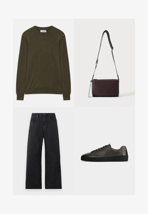 Suéter de manga larga en verde oscuro, con puños y dobladillo acanalados. Fabricado en material suave, presenta un cuello de barco clásico y un diseño minimalista.; Vaqueros negros de pierna ancha con cinco bolsillos, cierre de botón y cremallera, y un discreto diseño de sol bordado cerca del dobladillo inferior en la pierna derecha.; Zapatilla baja de piel gris oscuro con cordones y suela negros, diseño minimalista, perfil lateral sobre un fondo claro y liso.; Bolso bandolera de cuero marrón oscuro con textura, correa ajustable y pequeño adorno decorativo azul en el lateral.