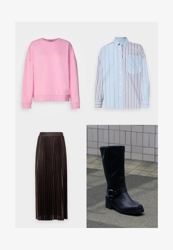 Vero Moda VMBEA - Sweater - bonbon; Overhemd met knoopsluiting, gekenmerkt door afwisselend lichtblauwe en zwarte strepen, met een enkele borstzak. Gemaakt van gladde stof, lange mouwen.; Plissé midi-jurk van donkerbruin stof, met een gladde tailleband, vloerlange uitstraling en verticale plooien voor extra textuur.; Zwarte leren kuitlaars met een lage blokhak en een decoratieve riem met metalen gesp rond de enkel, op een betegeld trottoir.
