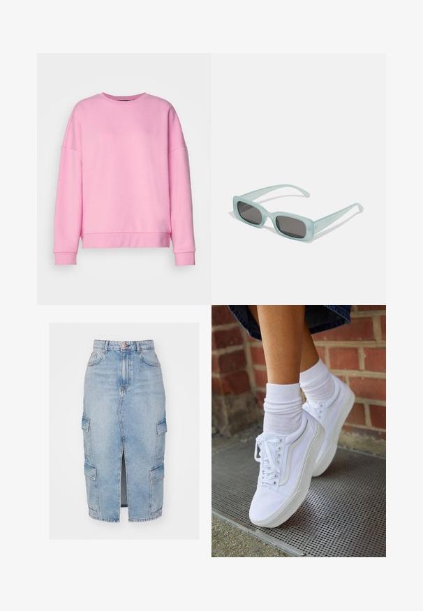 Vero Moda VMBEA - Sweatshirt - bonbon; Hellblauer Denim-Midirock mit einem Frontschlitz, ausgestattet mit praktischen Seitentaschen und einem goldfarbenen Knopfdetail an der Taille.; Weiße Leinensneaker mit Gummisohlen, ausgestattet mit sechs Ösen, runder Zehenpartie und dezenten Nähten, kombiniert mit weißen Knöchelsocken.; Ein Paar rechteckige Sonnenbrillen mit lichtblauen, halbtransparenten Rahmen und dunkelgrauen Gläsern, ausgestattet mit geraden Bügeln und minimalen Hardware-Details.