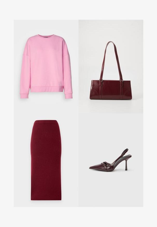 Vero Moda VMBEA - Sweater - bonbon; Bordeaux gebreide midi-rok met een aansluitende silhouette, gladde textuur en een tailleband. Geen zichtbare naden of patronen. Effen kleur door het hele stuk.; Bordeauxrode lakleren slingback met puntige neus, dunne enkelband en kleine decoratieve gespsluiting. Gladde textuur en hoge hak.; Bourgondische handtas van glanzend materiaal, rechthoekige vorm, met twee schouderbanden en subtiele gebogen accenten aan de voorkant.