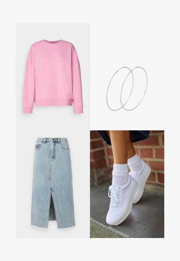 Vero Moda VMBEA - Sweatshirt - bonbon; Lysblå denimskørt med en frontslids, frynset kant, fem lommer og en knaplukning i taljen. Klassisk lige snit design.; Hvide lærreds sneakers med gummisåler, der har seks snørehuller, rund tå og let sømdetaljer, krydret med hvide ankelstrømper.; Sølvøreringe med et minimalistisk design. Cirkulær form, glat tekstur og tynd profil. Letvægtige med en poleret overflade.
