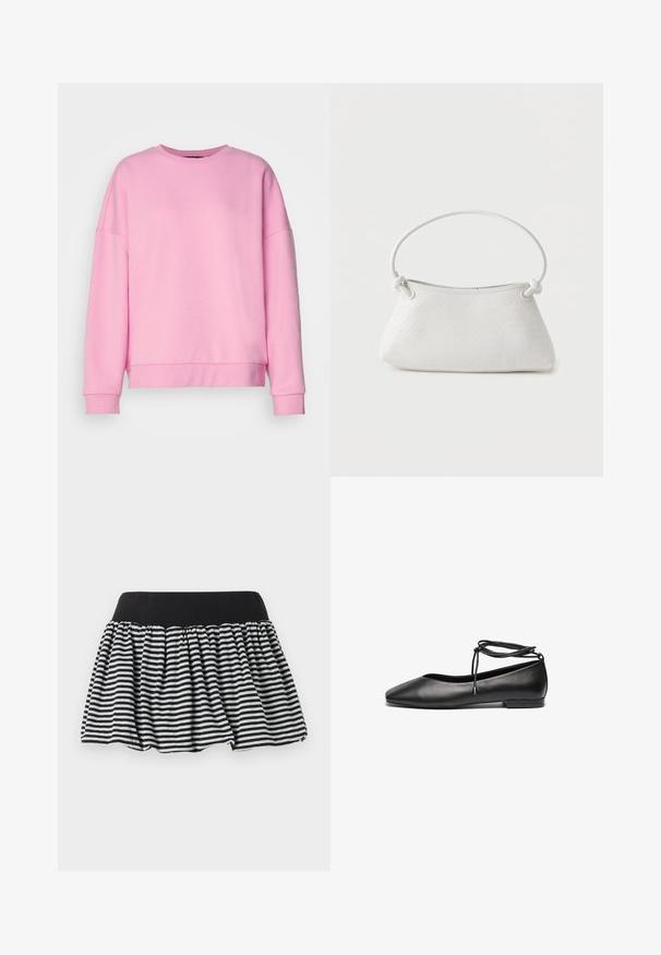 Vero Moda VMBEA - Sweatshirt - bonbon; Jupe à rayures noires et blanches avec un design plissé et une taille élastique, fabriquée en matériau doux. Présente une forme évasée pour plus de volume.; Ballerines noires en cuir avec un bout pointu, un talon plat et un détail de lacet autour de la cheville. Texture lisse, design minimaliste.; Sac à main en cuir tressé blanc avec poignée arrondie et extrémités de lanière nouées, présenté sur un fond uni.