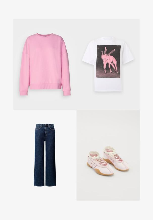 Vero Moda VMBEA - Sweater - bonbon; Wit T-shirt met een afbeelding van een persoon die ondersteboven op een paard zit, beiden roze getint tegen een donkere achtergrond.; Donkerblauwe wijde denim jeans met vijf zakken, riemlussen en een knoop- en ritssluiting aan de voorkant.; Roze canvas schoenen met een zachte textuur, voorzien van een vetersluiting en een ondergrond van gumrubber. Decoratieve accenten en drie strepen aan de zijkant.