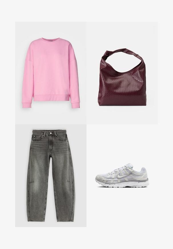 Vero Moda VMBEA - Sweater - bonbon; Hoge taille grijs gewassen denim jeans met vijf zakken, knoopsluiting en een ontspannen rechte pasvorm.; Lichtgrijze sportschoenen met een bovenwerk van mesh en synthetisch materiaal, voorzien van een vetersluiting, een gevoerd kraagje en een gestructureerde zool voor grip.; Bordeauxrode tas met een gestructureerd, geweven patroon, zacht leermateriaal en een enkele, geknoopte handgreep. Ruim, hobo-stijl ontwerp.