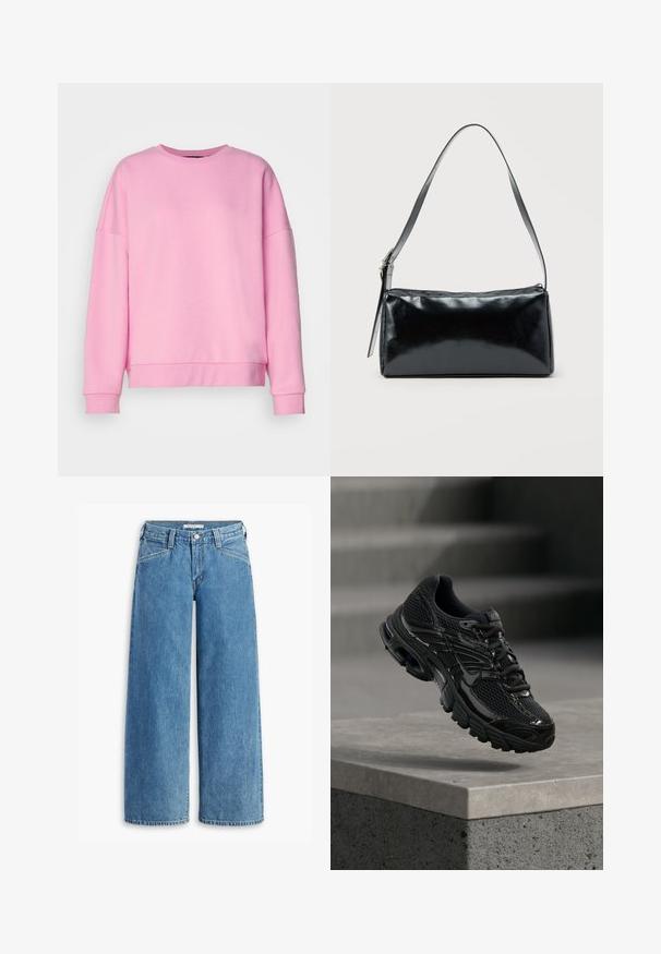 Vero Moda VMBEA - Sweatshirt - bonbon; Hellblau weite Jeans aus Denim, mit hoher Taille, fünf Taschen und einem klassischen Knopfverschluss. Gerader Schnitt vom Oberschenkel bis zum Saum.; Schwarzer Nike Laufschuh mit Mesh- und Synthetik-Obermaterial, der über einer Betonfläche und Treppen im Hintergrund schwebt.; Schwarze rechteckige Schultertasche mit einem verstellbaren Riemen und einem oberen Reißverschluss vor einfachem Hintergrund.