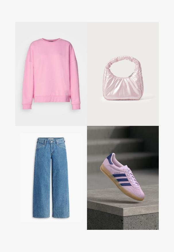 Vero Moda VMBEA - Sweatshirt - bonbon; Jean large en denim bleu clair, avec une taille haute, cinq poches et un zip boutonné classique. Coupe droite de la cuisse à l'ourlet.; Baskets Adidas Gazelle violet clair avec des bandes bleu marine et une languette au talon, semelle en gomme, flottant au-dessus d’un rebord en pierre avec des escaliers flous en arrière-plan.; Sac à main rose rembourré avec un design arrondi, fabriqué à partir d'un matériau brillant. Dispose d'une poignée froncée et d'une fermeture éclair pour un accès sécurisé.