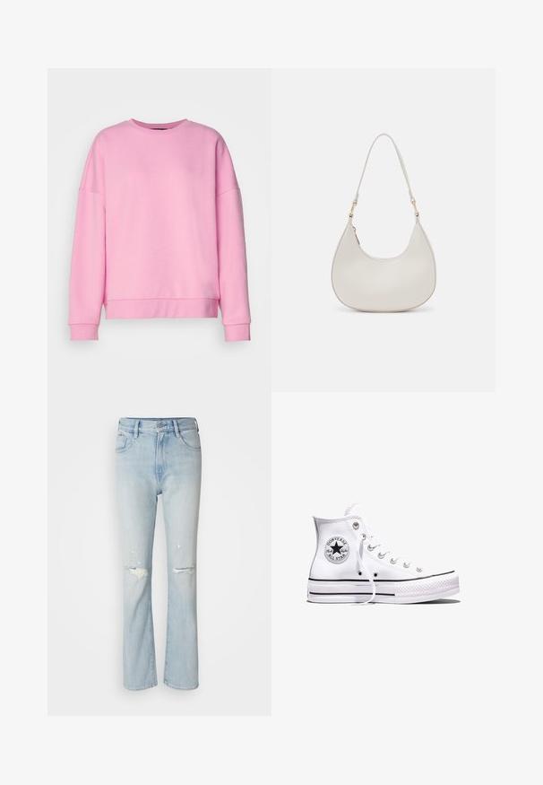 Vero Moda VMBEA - Sweatshirt - bonbon; Lyseblå jeans i denim med høj talje, udvidet ben, slidte detaljer og udskåret stof ved knæene. Fem-lomme design.; Hvid Converse Chuck Taylor All Star højt snøresko med sorte striber og logoemblem på siden, vist mod en ensfarvet hvid baggrund.; Cremefarvet læder skuldertaske med en halvmåneform, tynd rem og diskrete syninger. Minimalistisk design med hardware-accenter i guldton.