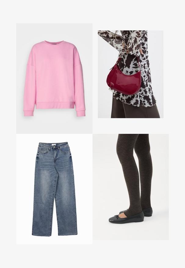 Vero Moda VMBEA - Sweater - bonbon; Blauwe denim wijde broekspijpen jeans met voor- en muntenzakken, knoopsluiting en vervaagde waseffecten.; Benen met donkere geribbelde leggings gecombineerd met zwarte ballerina's met kleine strikdetails op een witte achtergrond.; Vrouw met een zwart-wit gebloemde blouse houdt een glanzende rode schoudertas vast tegen een effen achtergrond.