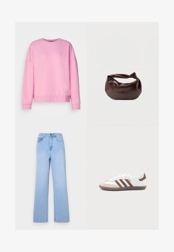 Vero Moda VMBEA - Sweater - bonbon; Lichtblauwe high-waisted jeans met een wijd uitlopende pasvorm, gemaakt van denim. Kenmerkt zich door opvallende stiksels en een vijf-pocket styling.; Witte Adidas Samba sneaker met bruine suède strepen, bruine rubberen zool en beige suède neuskap, getoond vanaf de buitenkant op een effen achtergrond.; Donkerbruine leren schoudertas met een zachte, slungelige vorm en een gedraaide knoopvormige handgreep op een effen witte achtergrond.
