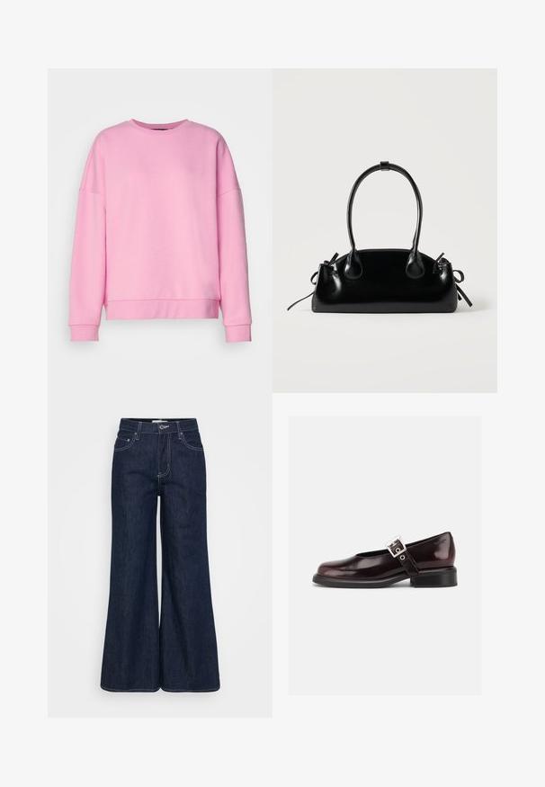 Vero Moda VMBEA - Sweatshirt - bonbon; Dunkelblaue Jeans-Hose mit weitem Bein und hohem Bund, ausgestattet mit Taschen vorne, kontrastierenden Nähten und einem sauberen Saum.; Ein einzelner glänzender dunkelburgunder Mary Jane Schuh mit breitem Riemen und silberner Schnalle, niedrigem Blockabsatz und abgerundeter Spitze auf weißem Hintergrund.; Kleine schwarze glänzende Handtasche mit zwei langen Griffen und seitlichen Kordelzug-Details vor einfachem hellem Hintergrund.