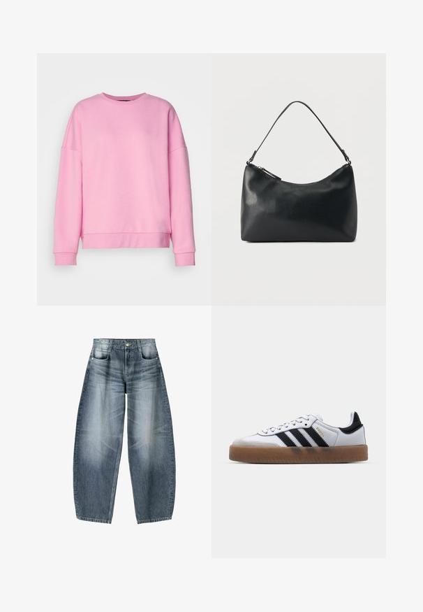 Vero Moda VMBEA - Sweatshirt - bonbon; Weite Jeans aus hellblauem Denim mit Ausbleichungen, im fünf-Taschen-Design, mit Knopfverschluss und minimalen Nähtelementen.; Weiße Leder Sneakers mit schwarzen Streifen, Gummigummi-Außensohle, runder Zehenform, Schnürverschluss und weichem grauem Wildleder-Zehenkappe.; Schwarze Schultertasche aus strukturiertem Leder mit gewölbtem Reißverschluss oben und einem verstellbaren Riemen vor einfarbigem Hintergrund.