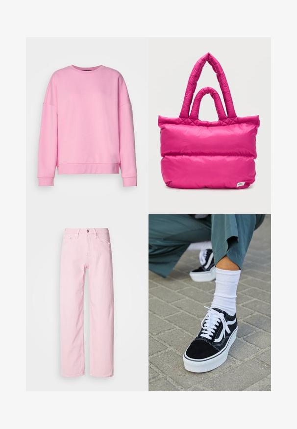 Vero Moda VMBEA - Sweatshirt - bonbon; Hellrosa Jeans aus Denim mit geradem Bein, ausgestattet mit einem Frontreißverschluss und Knopf sowie einem Fünf-Taschen-Design. Weiche Textur und robuste Nähte.; Schwarze Wildledersneaker mit weißen Akzenten und Schnürsenkeln, ausgestattet mit einer dicken weißen Sohle und kontrastierenden Nähten, kombiniert mit einer weißen Socke.; Knallpink gepolsterte Tragetasche mit gesteppter doppelter Henkel und einem kleinen weißen Etikett in der unteren rechten Ecke.