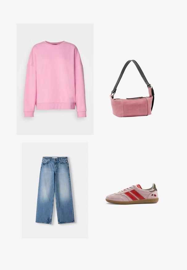 Vero Moda VMBEA - Sweatshirt - bonbon; Jean bleu clair avec une coupe décontractée, jambe large et sections décolorées. Fabriqué en denim avec un design classique à cinq poches et une fermeture par bouton supérieur.; Baskets en daim rose à faible profil avec des bandes rouges, une semelle en gomme, un onglet de talon vert et de petites roses rouges brodées près du talon.; Sac bandoulière rectangulaire en daim rose avec une large sangle noire réglable et une fermeture éclair supérieure.