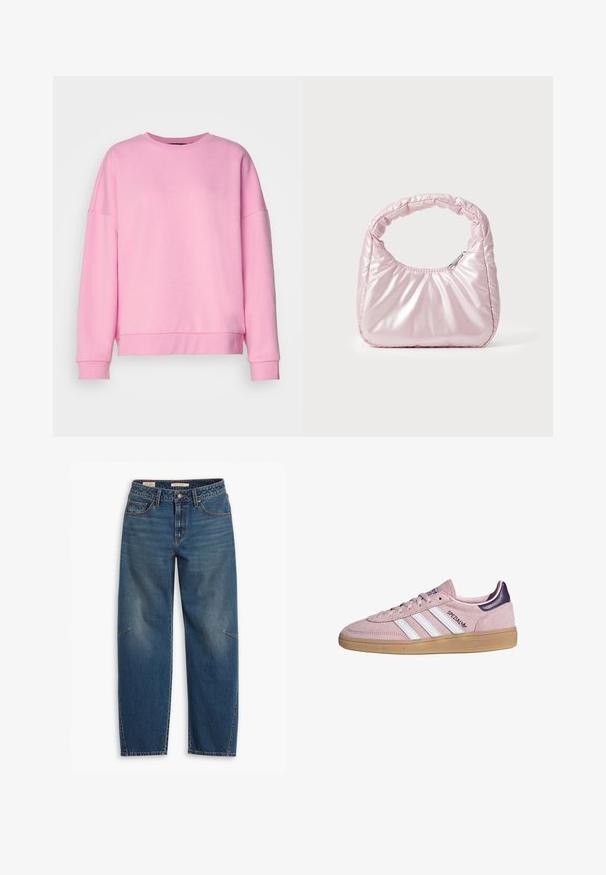 Vero Moda VMBEA - Sweatshirt - bonbon; Blaue Denim-Jeans mit einer lockeren Passform, hoher Taille, geraden Beinen, sichtbaren Nähten und einem kleinen Akzent am linken Knie.; Rosa Veloursleder Adidas Sneaker mit weißen Streifen, Gummisohle, lila Fersenlasche und „SPEZIAL“-Branding an der Seite.; Rosa, gepolsterte Handtasche mit abgerundeter Form, aus glänzendem Material gefertigt. Verfügt über einen gerafften Griff und einen Reißverschluss für sicheren Zugang.