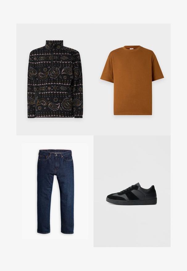 Pull en polaire noir avec des motifs paisley et géométriques en marron, rose et crème. Il possède une fermeture éclair quart et un col haut.; T-shirt marron à manches courtes en tissu doux, avec un col rond et une coupe décontractée à ourlet droit. Pas de motifs ni d'accents visibles.; Personne portant un jean droit bleu foncé, des baskets blanches et un sweat-shirt vert olive, les mains dans les poches, debout devant un fond gris.; Baskets noires combinant cuir lisse et daim, avec une semelle en caoutchouc noire texturée et un détail de rayures discrètes.
