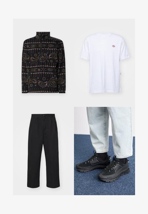 Pull en polaire noir avec des motifs paisley et géométriques en marron, rose et crème. Il possède une fermeture éclair quart et un col haut.; T-shirt en coton blanc avec un col en V et des manches courtes. Présente un petit logo coloré brodé sur la poitrine gauche. Texture douce.; Pantalons en coton noir à coupe droite, avec une fermeture à bouton, deux poches avant et une texture lisse.; Des chaussures de sport noires avec un tissu texturé et des semelles en caoutchouc, dotées de lacets élastiques et d'un accent bleu au talon. Portées avec un pantalon en denim clair.