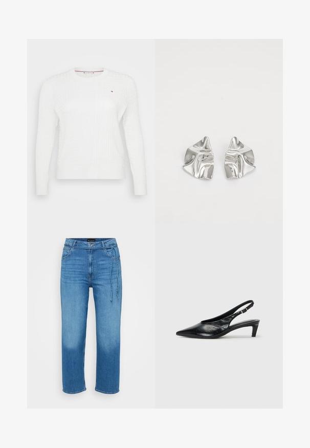 Hvid strikket sweater med et struktureret diamantmønster, rund halsudskæring og lange ærmer. Lille logoaccent på brystet.; Lyseblå denimjeans med afslappet pasform, lige ben, medium talje og justerbar bindebåndsdetalje foran. Glat tekstur.; Sort læder slingback hæl med spidse tæer, lav kitten hæl og justerbar spænde-bånd. Glat tekstur med minimal dekor.; Sølvmetal øreringe med et bølgende, skulpturelt design, der har en poleret overflade og uregelmæssige former, hvilket fremhæver en moderne æstetik.