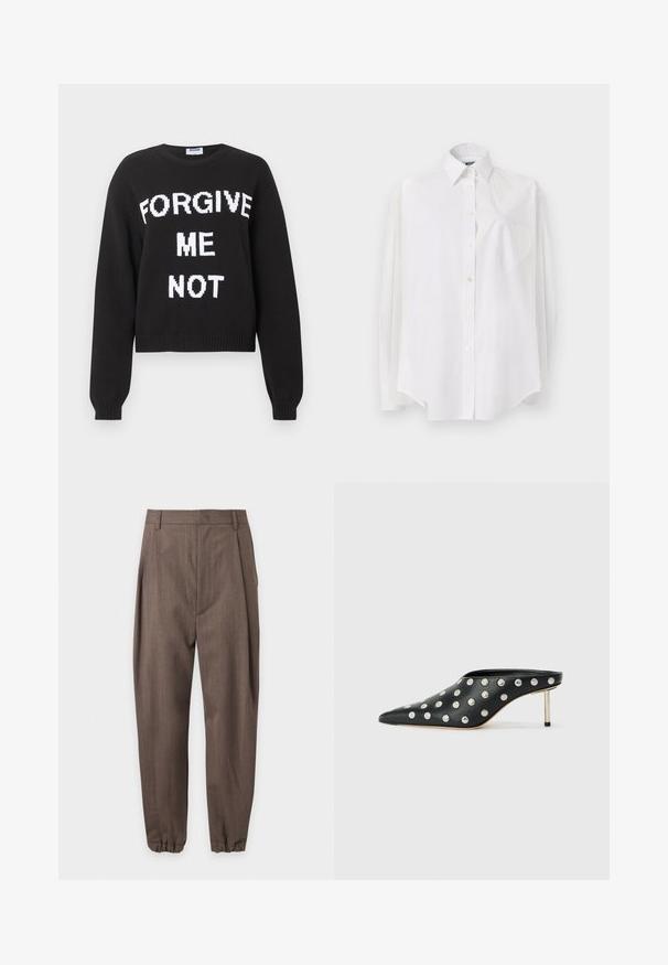 Pull en maille noire à manches longues avec le texte blanc "FORGIVE ME NOT" sur le devant, encolure ronde, et poignets et ourlet côtelés.; Chemise blanche à manches longues en tissu léger, dotée d'un col classique, d'une fermeture à boutons et d'une poche en forme de cœur sur le côté gauche.; Pantalon marron sur mesure avec plis, passants pour ceinture et poignets élastiqués, présenté sur fond blanc.; STAND STUDIO KELSEY - Mules à talons - black