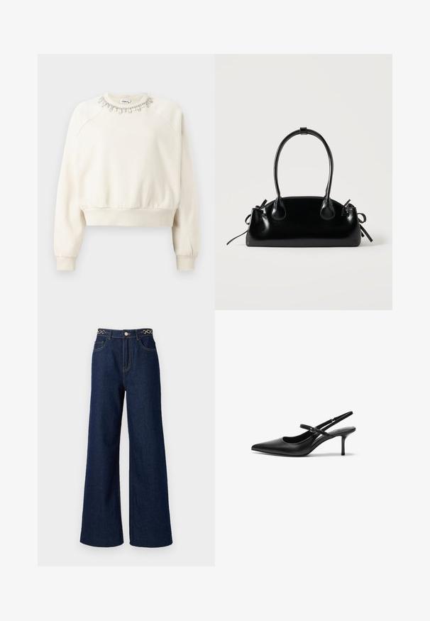 Cremefarbenes Sweatshirt mit Schulternähten, gerippten Bündchen und Saum sowie einem dekorativen, mit Kristallen und Perlen verzierten Kragen.; Weite dunkelblaue Denim-Jeans mit hoher Taille, goldenen Kettenakzenten am Bund und kontrastierenden Nähten.; Schwarze Leder Slingback-Absätze mit einer spitzen Zehenform, schmalem verstellbarem Riemen und einem etwa 5 cm hohen Stiletto-Absatz, glatte Textur.; Kleine schwarze glänzende Handtasche mit zwei langen Griffen und seitlichen Kordelzug-Details vor einfachem hellem Hintergrund.
