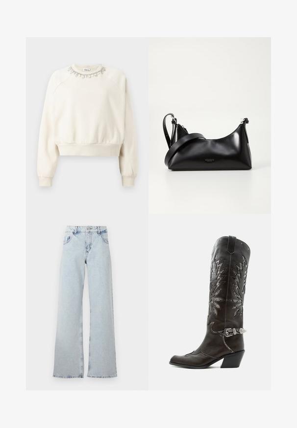 Cremefarbenes Sweatshirt mit Schulternähten, gerippten Bündchen und Saum sowie einem dekorativen, mit Kristallen und Perlen verzierten Kragen.; Hellblaue weite Jeans aus Denim, mit hoher Taille, Gürtelschlaufen, fünf Taschen und ausgebleichten Bereichen für einen Vintage-Look.; Schwarzer Leder-Cowboystiefel mit dekorativen Ausschnitten, silberner Schnalle und schräger Ferse, auf weißem Hintergrund dargestellt.; Schwarze lederne Handtasche mit glatter Textur. Verfügt über einen verstellbaren Riemen und ein elegantes, minimalistisches Design mit einem Reißverschluss.