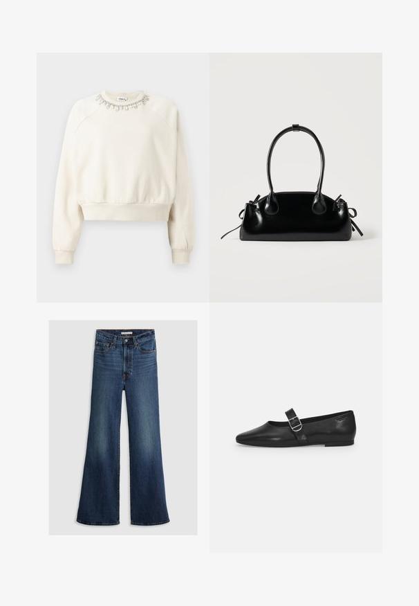 Sweatshirt de couleur crème avec coutures d'épaule, poignets et ourlet côtelés, et un col décoratif en perles avec des cristaux et des perles.; Jean large en denim bleu foncé, avec une taille haute, un design à cinq poches et des coutures contrastantes le long des coutures et de la ceinture.; Chaussure plate en cuir noir avec un bout arrondi, une seule sangle réglable à boucle et une texture lisse et brillante. Design minimaliste avec un petit talon.; Petit sac à main noir brillant avec deux longues anses et des détails à cordon sur les côtés sur un fond clair uni.