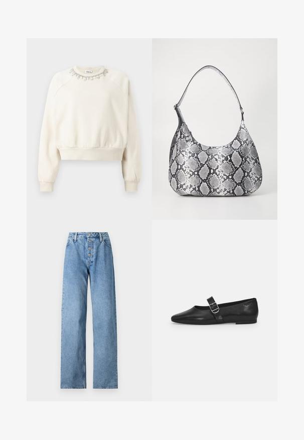 Cremefarvet sweatshirt med skuldersøm, ribbede manchetter og nederste kant samt en dekorativ perlekrave prydet med krystaller og perler.; Lyseblå denimjeans med højt liv, bred benåbning, fem-knaps lukning og bæltestropper. Stoffet har en glat tekstur med minimal falming.; Sorte læder flade sko med rund tå, et enkelt justerbart spænde og en glat, blank overflade. Minimalistisk design med en lav hæl.; Sort-hvid slangemønster skuldertaske med en rund form, glat tekstur og en buet rem. Har et sølvfarvet hardware-accents.