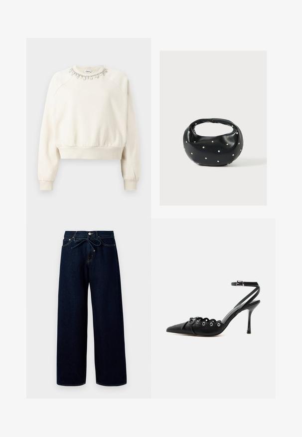 Sweatshirt de couleur crème avec coutures d'épaule, poignets et ourlet côtelés, et un col décoratif en perles avec des cristaux et des perles.; Jean large bleu foncé en denim, doté d'une fermeture à bouton à l'avant et d'une taille à cordon, avec des détails de couture contrastants.; Chaussure à talon haut noire à bout pointu, bords festonnés, œillets métalliques, lacets à l'avant et bride de cheville avec fermeture à boucle.; Sac à main en cuir noir de forme arrondie, décoré de clous argentés et équipé d'une poignée courte. Texture lisse et fermeture éclair.