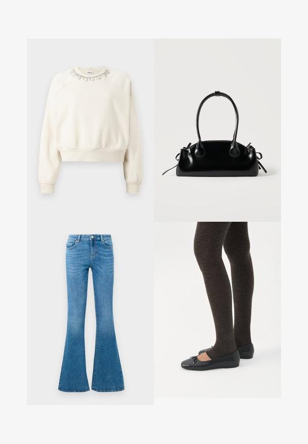 Cremefarvet sweatshirt med skuldersøm, ribbede manchetter og nederste kant samt en dekorativ perlekrave prydet med krystaller og perler.; Blå denim flared jeans med mellemhøj talje, der har fem lommer, en standard knaplukning og let falmning for struktur.; Ben iført mørke ribbede leggings kombineret med sorte balletsko med små sløjfedetaljer på hvid baggrund.; Lille sort blank håndtaske med to lange håndtag og snøre-detaljer i siden på en ensfarvet lys baggrund.