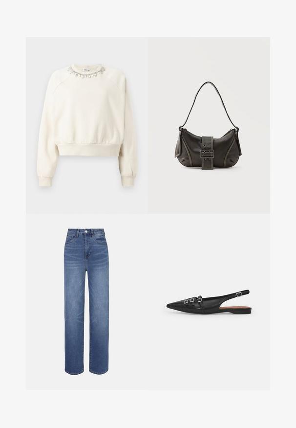 Cremefarvet sweatshirt med skuldersøm, ribbede manchetter og nederste kant samt en dekorativ perlekrave prydet med krystaller og perler.; Lyseblå denimjeans med højtaljet, lige ben, fem-lomme-design og subtile falmede detaljer i hele stoffet.; Sort læderslyngeflad sko med spids tå, der har to vandrette stropper og firkantede sølvspænder, lav hæl og glat tekstur.; Sort læder skuldertaske med spænde på remmen, afrundede kanter og kontrasterende hvide syninger på en ensfarvet baggrund.