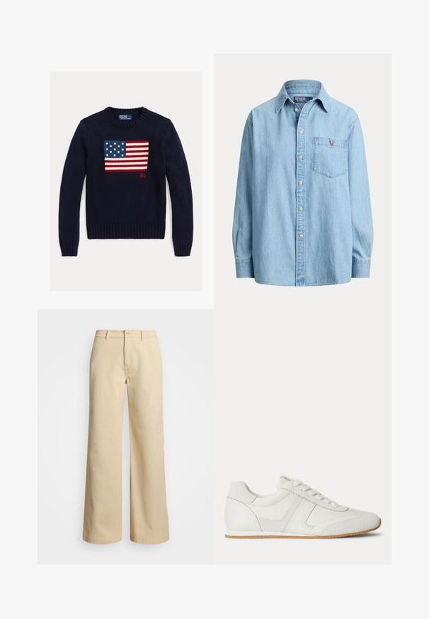 Marineblå strikket sweater med et tekstureret amerikansk flagdesign i rød, hvid og blå. Ribstrikkede manchetter og kant, med "RL"-logo nær kanten.; Lyseblå langærmet denimskjorte med knapper foran og brystlomme med en lille broderet logo på lommen.; Beige brede bukser lavet af bomuld, med lynlås, knaplukning og baglommer. Glat tekstur med et rent, minimalistisk design.; Hvid lavtop sneaker med snørelukning foran, ruskind- og læderpaneler og en lysebrun gummisål på en hvid baggrund.