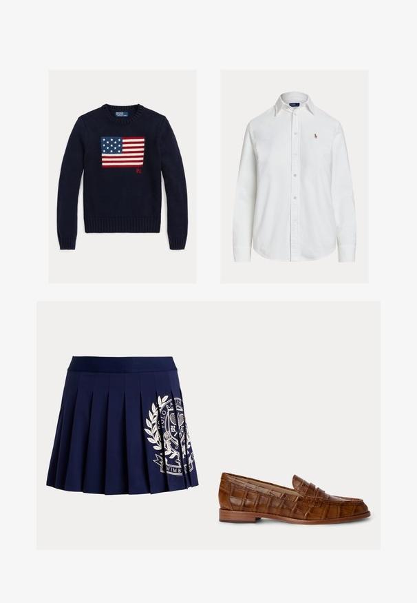 Marineblauer Strickpullover mit einem strukturierten Motiv der amerikanischen Flagge in Rot, Weiß und Blau. Gerippte Bündchen und Saum, mit "RL"-Logo nahe dem Saum.; Weißes Hemd mit langen Ärmeln, Knopfleiste, Kragen und kleinem besticktem Logo auf der linken Brust, vor einfachem Hintergrund dargestellt.; Marineblauer plissierter Rock mit breitem Bund und weißem Tennis-Wappen-Logo auf der unteren rechten Seite.; Brauner Leder-Slipper mit Krokodilprägung, niedrigem Holzabsatz und einem Riemen über dem Spann, vor einfachem Hintergrund gezeigt.