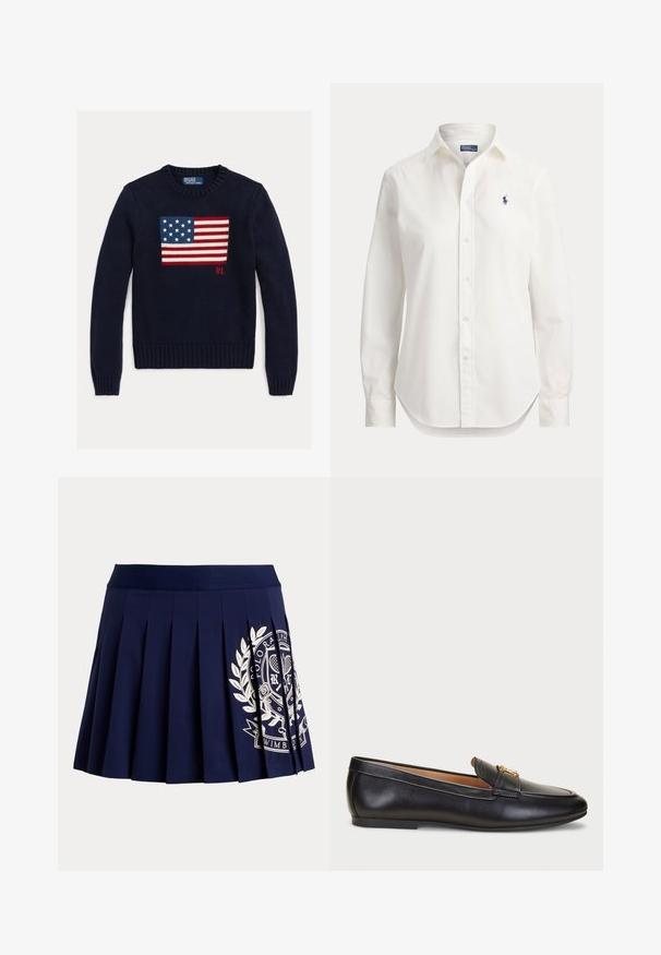 Marineblå strikket sweater med et tekstureret amerikansk flagdesign i rød, hvid og blå. Ribstrikkede manchetter og kant, med "RL"-logo nær kanten.; Hvid langærmet skjorte med knapper, krave og lille blåt logo af en polospiller på venstre bryst.; Marineblå plisseret nederdel med bred linning og hvid tennisinspireret logo på nederste højre side.; Lauren Ralph Lauren AVERI III BURNISHED LEATHER LOAFER - Loafers - black