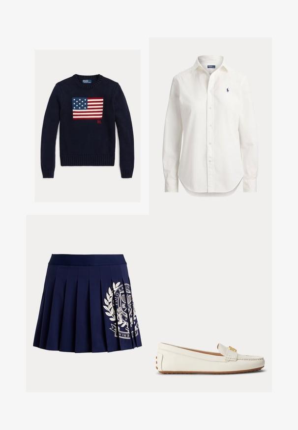 Suéter de punto azul marino con un diseño texturizado de la bandera estadounidense en rojo, blanco y azul. Puños y dobladillo acanalados, con el logo "RL" cerca del dobladillo.; Camisa blanca de manga larga con botones, cuello y pequeño logo azul de jugador de polo en el pecho izquierdo.; Falda plisada azul marino con cinturilla ancha y logotipo blanco con escudo temático de tenis en el lado inferior derecho.; Mocasín de cuero blanco con suela de goma marrón claro y pequeño detalle de hebilla dorada en la parte superior, mostrado de lado sobre un fondo liso.