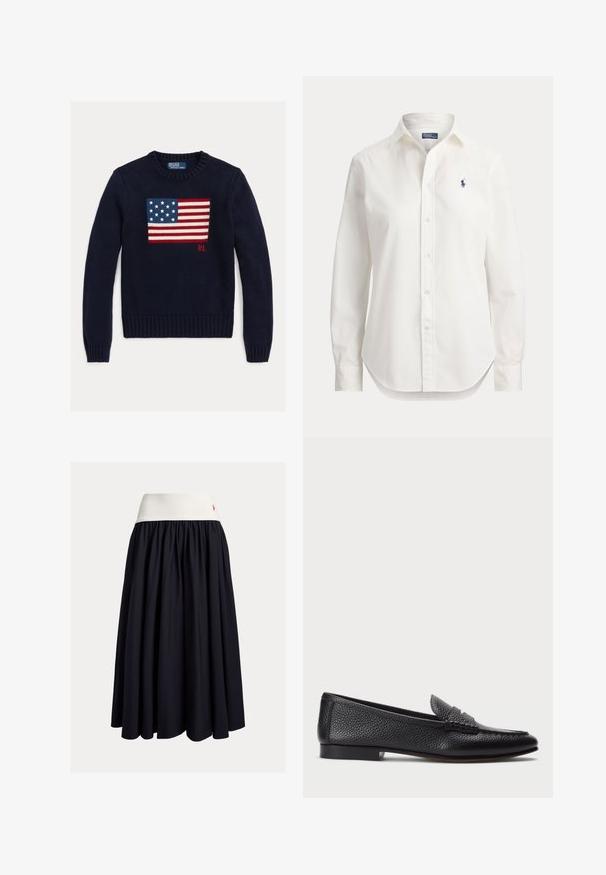 Marineblauer Strickpullover mit einem strukturierten Motiv der amerikanischen Flagge in Rot, Weiß und Blau. Gerippte Bündchen und Saum, mit "RL"-Logo nahe dem Saum.; Weißes langärmliges Hemd mit Knöpfen, Kragen und kleinem blauem Logo eines Polospielers auf der linken Brust.; Knielanger Rock aus dunkelblauem Stoff mit weißem elastischem Bund. Mit plissiertem Design und kleinem roten Logo-Akzent.; Schwarze Lederloafers mit strukturiertem Finish, ausgestattet mit einem dekorativen Riemen und flachem Absatz. Schlankes, minimales Design mit abgerundeter Spitze.