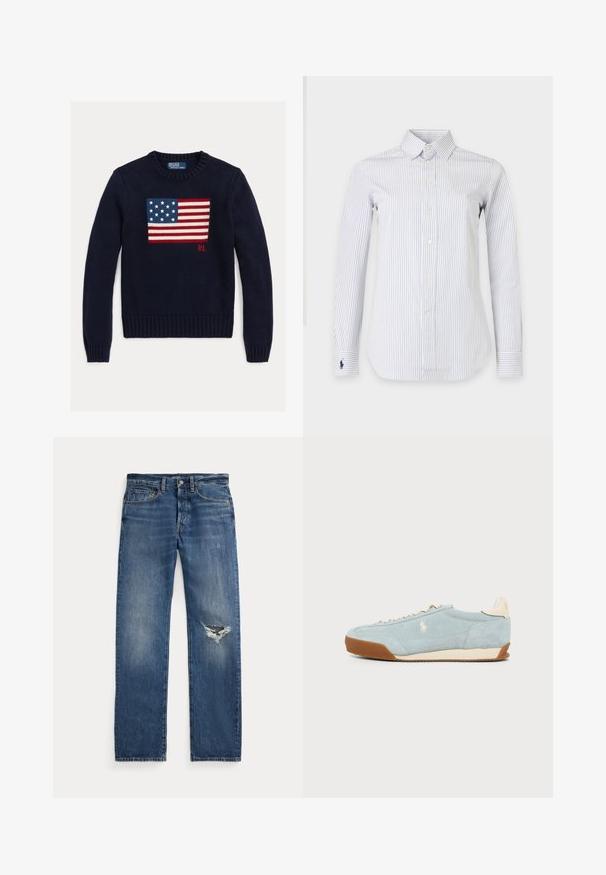 Suéter de punto azul marino con un diseño texturizado de la bandera estadounidense en rojo, blanco y azul. Puños y dobladillo acanalados, con el logo "RL" cerca del dobladillo.; Camisa blanca de manga larga abotonada con finas rayas verticales en azul marino, cuello puntiagudo y logo bordado de jugador de polo en azul marino en el puño izquierdo.; Jeans de mezclilla azul con una cintura de altura media, cinco bolsillos y un desgarro deshilachado en la rodilla derecha.; Zapatilla de ante azul claro con acentos beige, suela marrón y logo bordado de un caballo blanco en el lateral, mostrada de perfil sobre un fondo liso.