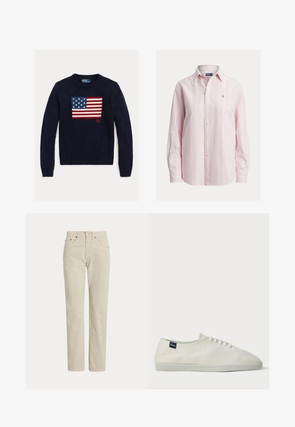 Marineblå strikket sweater med et tekstureret amerikansk flagdesign i rød, hvid og blå. Ribstrikkede manchetter og kant, med "RL"-logo nær kanten.; Langærmet skjorte med knapper i lyserød med hvide og blå striber, med en lille broderet logo på brystet, lavet af bomuldsstof.; Beige, lige-benede fløjlsbukser med bæltestropper, frontknap, lynlås og frontlommer.; Hvide låg-top kanvas sneakers med hvide snørebånd, flad gummisål og et lille marineblåt mærke med teksten "Polo" nær hælen på ydersiden.
